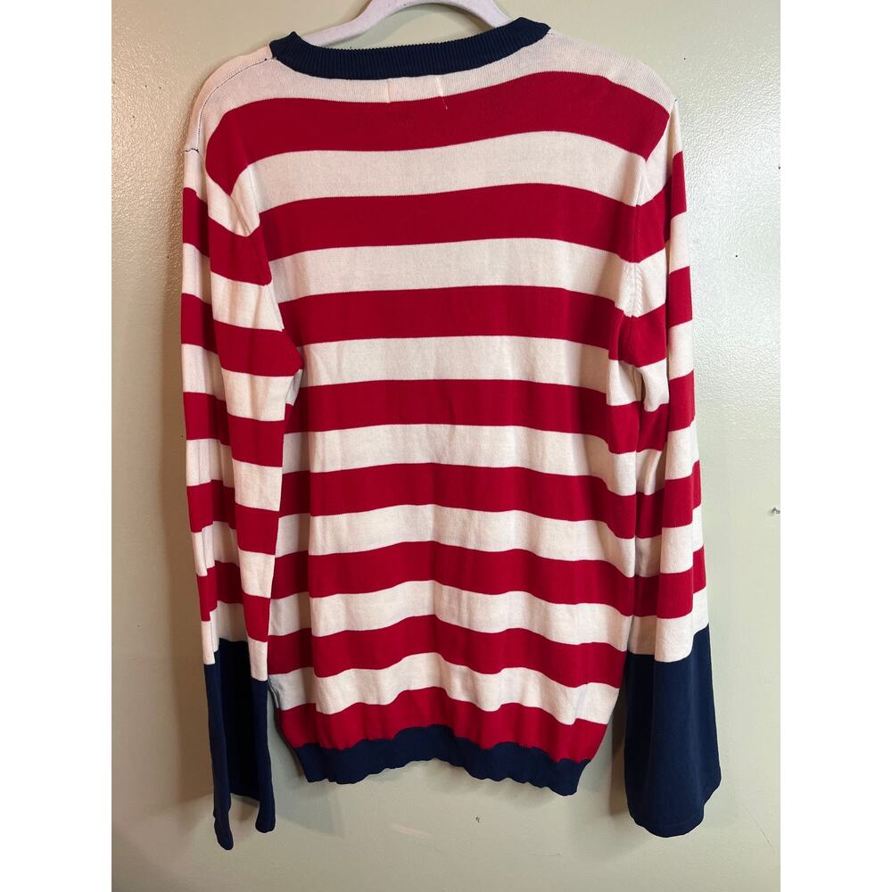NWT OXKNIT Red White Striped Sweater Sailboat Navy Bell Cuff Knit Crewneck XL - Picture 4 of 10